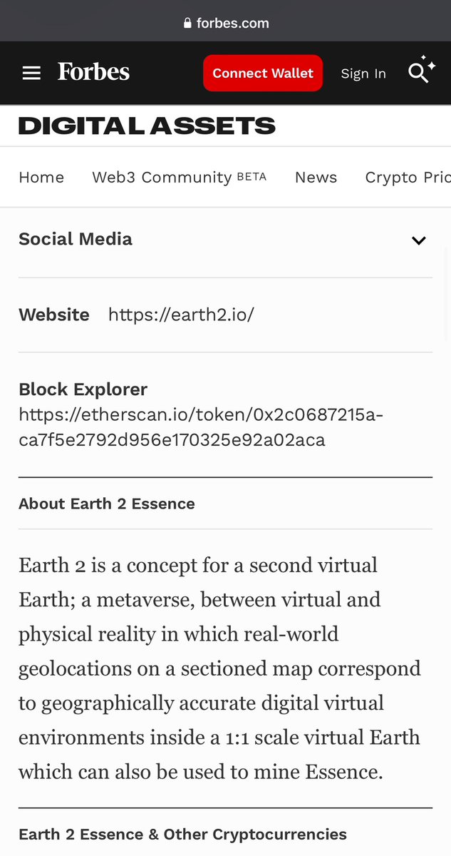 E2Yehna's tweet image. 👀🕊️
[Register for the introduction page of Earth 2 on Forbes Digital Asset page]

One of the members of the S.Korean community found an update on the Forbes website‘s digital asset-only page, which introduces Earth 2 and trends in essence prices. 

So I’m sharing it here because…