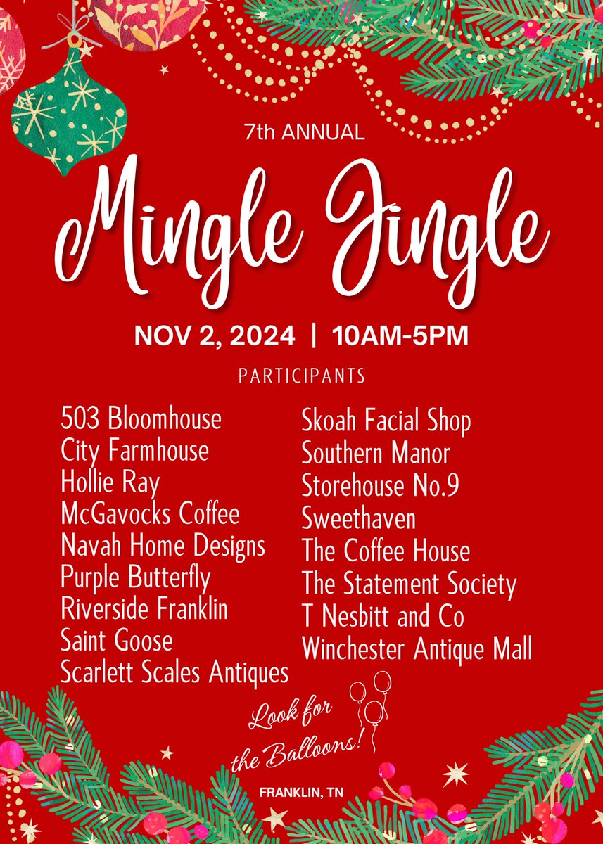 FREE event! Enjoy holiday cheer, sweet treats &amp; specials: Sat, Nov 2, 2024 10-5!
🔺17 participating businesses this yr!
🔺FREE parking lot between Riverside &amp; Heritage Foundation on Bridge St!
🔺Spin-to-Win up to 20% OFF purchase at Riverside Franklin!
#franklintn 
<a href="/visitfranklin/">Franklin Tennessee</a>
