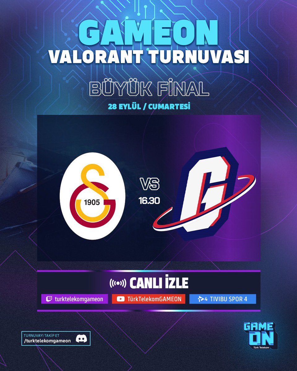 TT_GAMEON's tweet photo. GAMEON VALORANT Turnuvası'nda büyük final günü! 🏆

@GSEsports ve @TeamGalakticos, şampiyonluk için kozlarını paylaşacak!

🕧16.30

📺https://t.co/0gjbwAYr0j
📺https://t.co/Y3fBshQ63A
📺Tivibu Spor 4

#GÖSTERGÜCÜNÜ https://t.co/XlSlY1fq0X