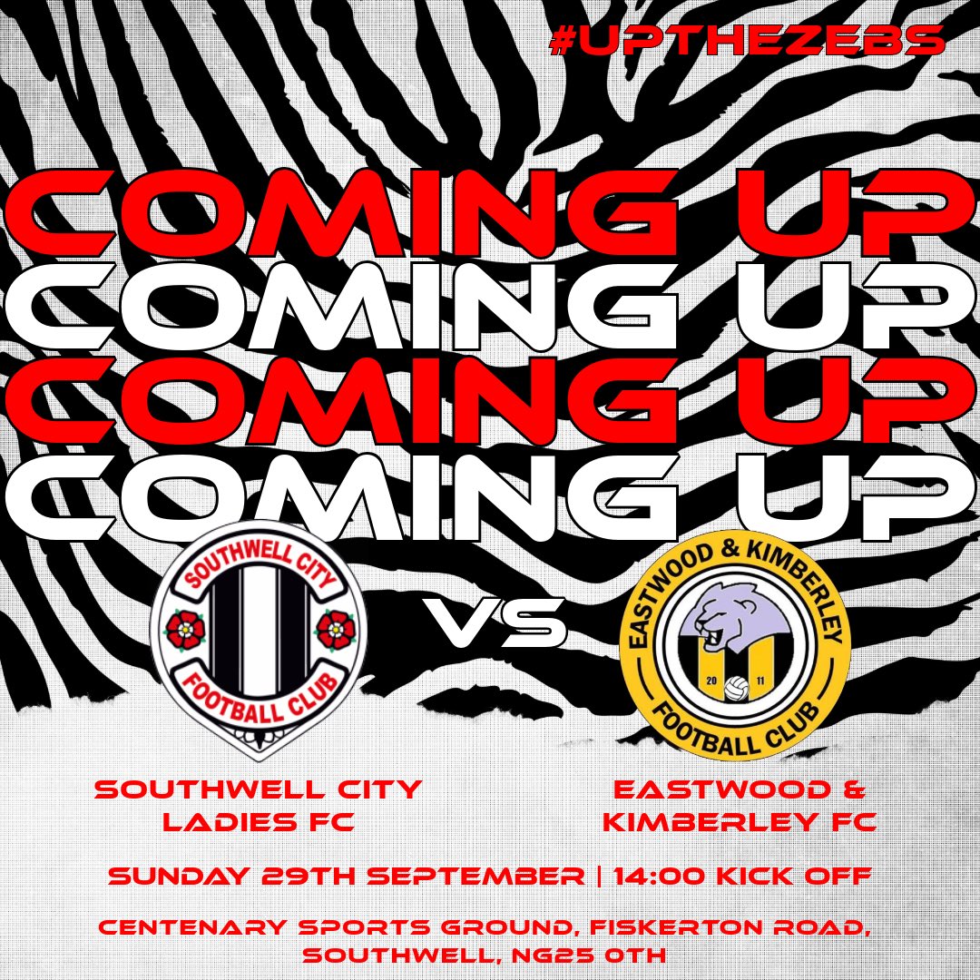 Tomorrow the Zebras welcome Eastwood &amp; Kimberley Ladies FC in our third league game of the season.

🆚 Eastwood &amp; Kimberley FC
📆 29th September 2024
📍 Centenary Sports Ground, Fiskerton Road, Southwell, NG25 0TH
⏰ 14:00
🏆 NGLFL Div 2

Come and support the ladies!

⚽️ 🦓 💪