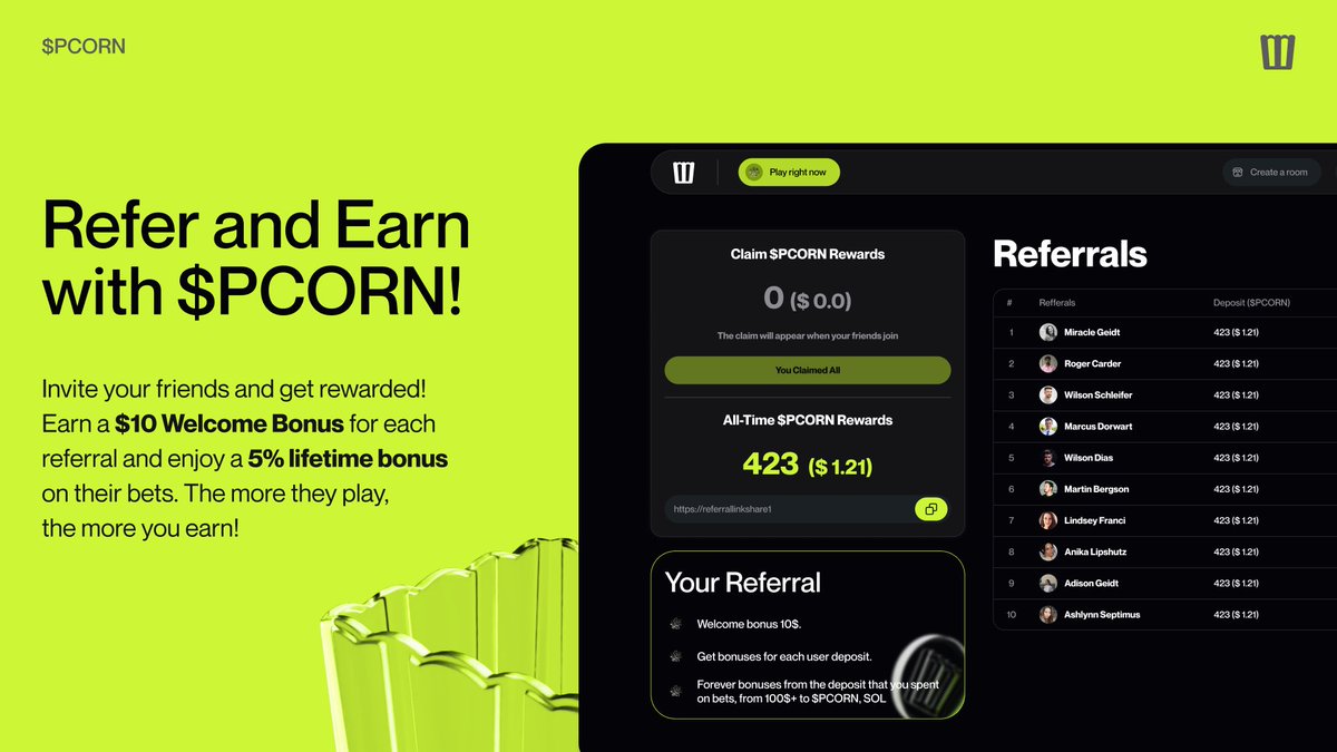 We’re excited to introduce our new referral program at $PCORN! 

Now, inviting friends to the platform is even more rewarding.

Here’s how it works:

 • $10 Welcome Bonus: Each invited friend receives a $10 bonus as soon as they join.

 • 5% Lifetime Bonus: You earn 5% of the