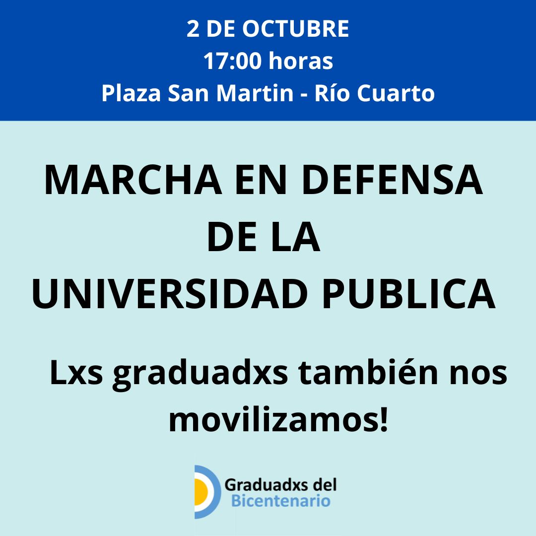 El miércoles 2/10 lxs graduadxs marchamos por:
✅ Defender la educación publica 
✅ Financiamiento para las universidades publicas e inclusivas
✅ NO al veto de Milei a la Ley de Financiamiento Universitario 
Lxs graduadxs de la Universidad Nacional de Rio Cuarto marchamos!