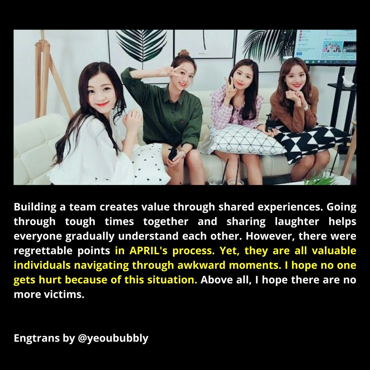 yeoububbly's tweet photo. Let's not forget this case not only about Naeun but the rest of members and they're not proofed guilty. They're also had a hard time because Hyunjoo. #JUSTICEFORAPRIL https://t.co/Fcg4SXwUNu