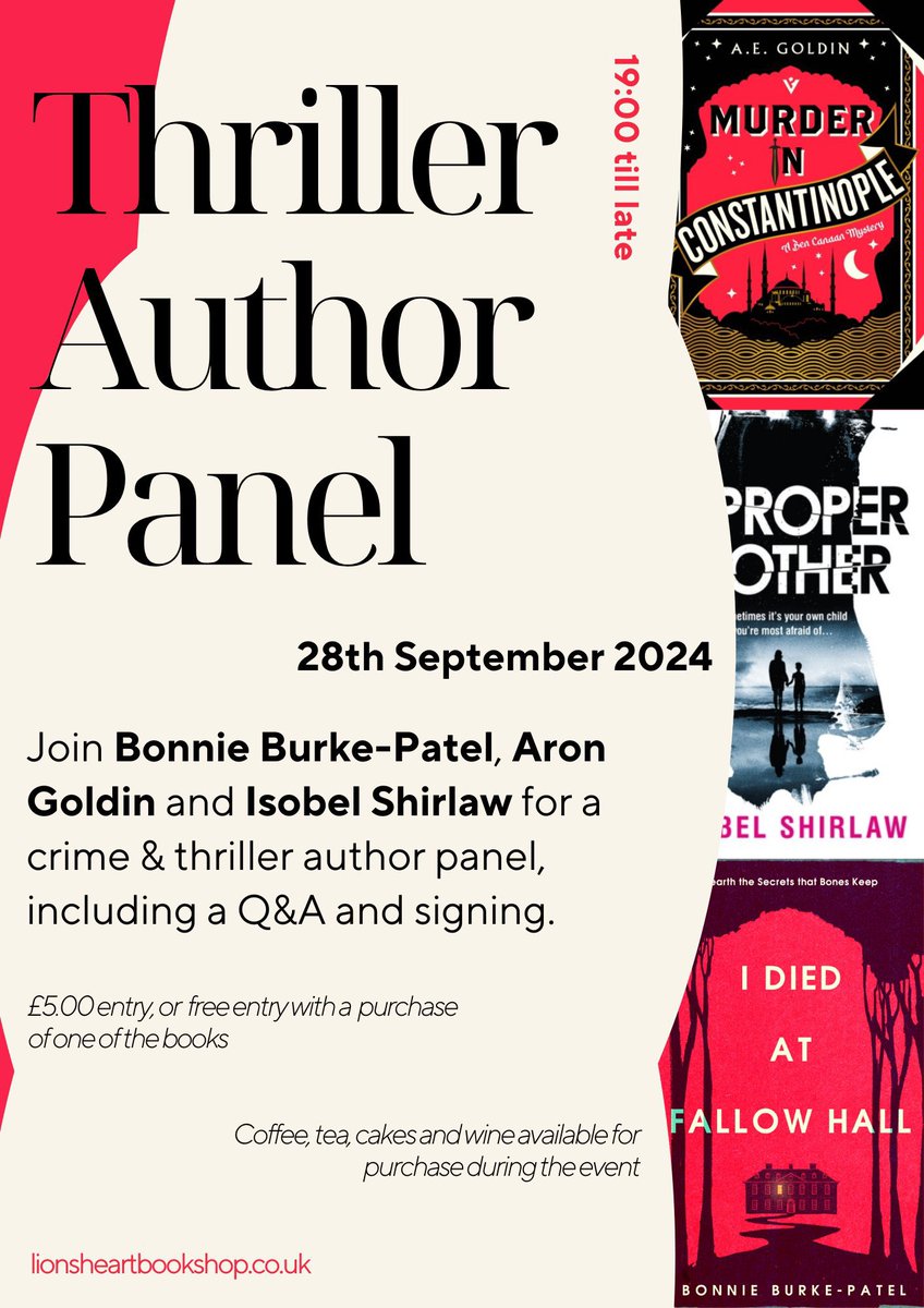 A.E. Goldin (@aegoldin) on Twitter photo Tonight is the night! I am heading to Lionsheart Bookshop in Woking at 7pm where I will be on a Thriller Author Panel with <a href="/isobelshirlaw/">Isobel Shirlaw</a> and Bonnie Burke-Patel. Details below. #MurderInConstantinople Tonight is the night! I am heading to Lionsheart Bookshop in Woking at 7pm where I will be on a Thriller Author Panel with <a href="/isobelshirlaw/">Isobel Shirlaw</a> and Bonnie Burke-Patel. Details below. #MurderInConstantinople