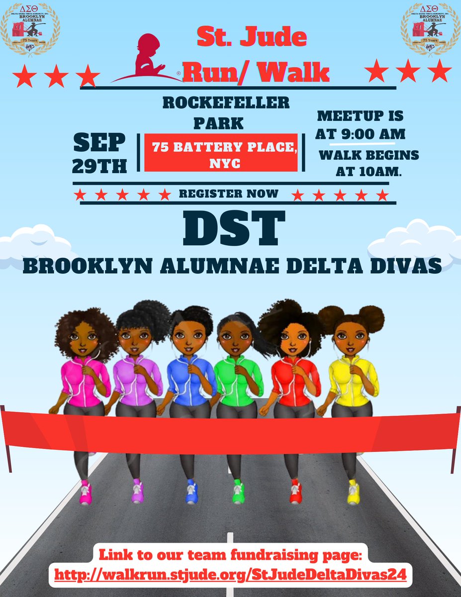 Please join us as we support St. Jude Children's Research Hospital on Sunday, September 29, 2024.  Let's all meet up at Rockefeller Park-75 Battery Place, NYC at 9 AM. We'll get in some steps and raise funds for one of our sorority's charitable partners. walkrun.stjude.org/StJudeDeltaDiv…