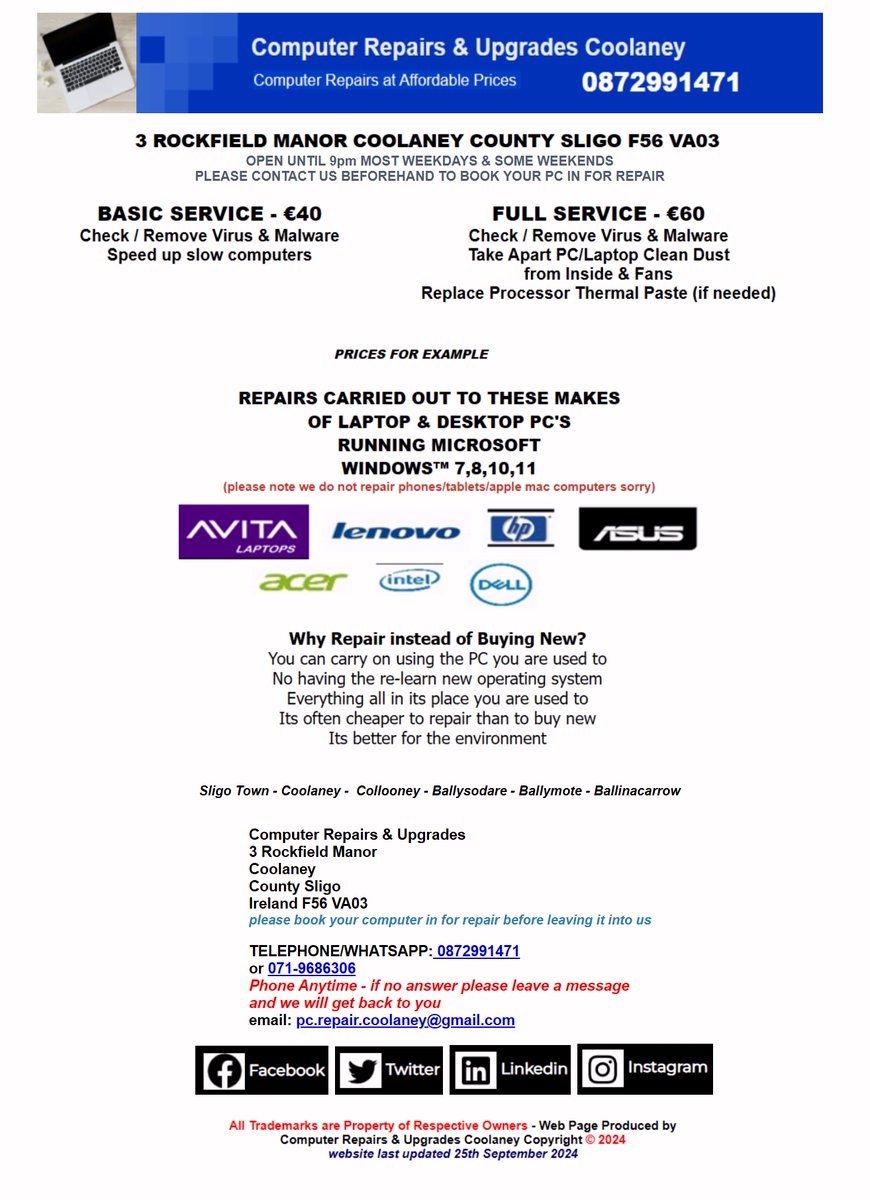 OPEN TODAY SATURDAY - 
TEL/WHATSAPP: 087-2991471 or 071-9686306
coolaney-pcrepair.com
email: pc.repair.coolaney@gmail.com