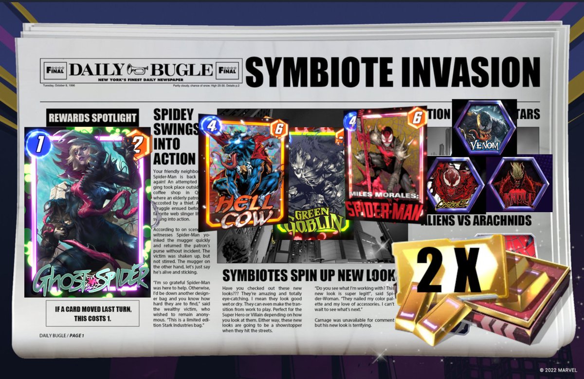 SnapVariants's tweet image. 💛2 Marvel Snap Gold Passes💛and more
Share your favorite symbiote variant splits! Let's see your Venomized, Carnagized, and Knullified variants!  Watch @lufku9 's stream on Tuesday to see the winners!

Do all the things 
👍Like
🤝Share 
💪Follow @lufku9 
🫰Follow @SnapVariants…