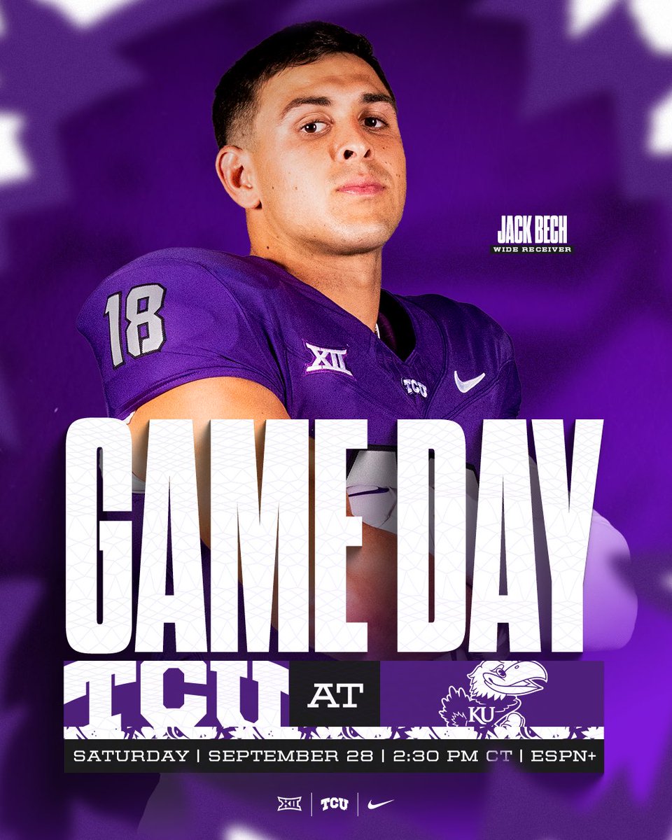 GET UP! IT’S GAME DAY!

🆚 Kansas
🏈 2:30 PM CT
📍 Arrowhead Stadium
📺 ESPN+

#GoFrogs | #BleedPurple