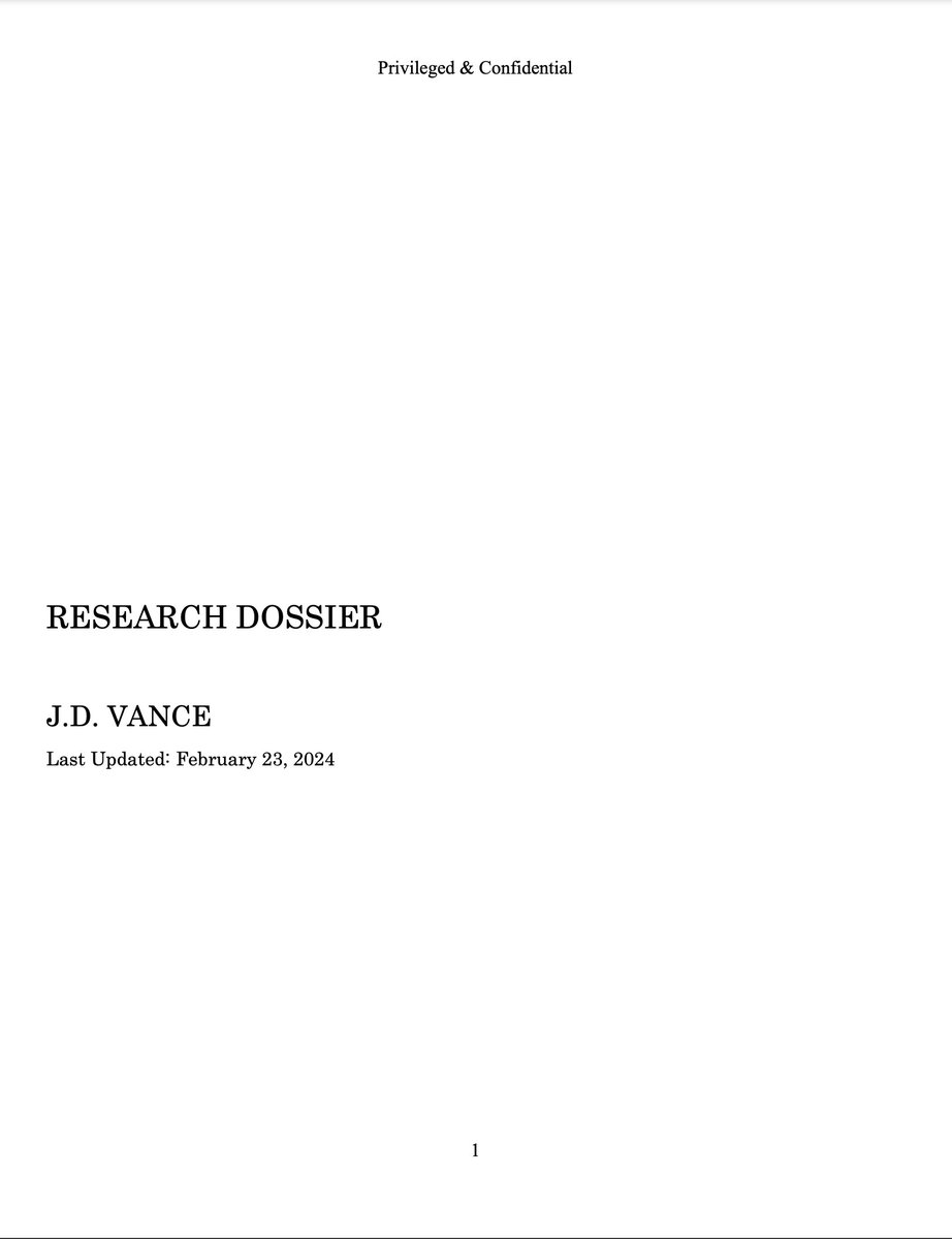 Here is the entire JD Vance Dossier, that Ken Klippenstein was banned for posting, with some private information censored out. 

I'll make this a thread, and it will take me some time to post, but I'll post 1 page per thread post.

(Thread - Page 1 of 229) - This is the cover