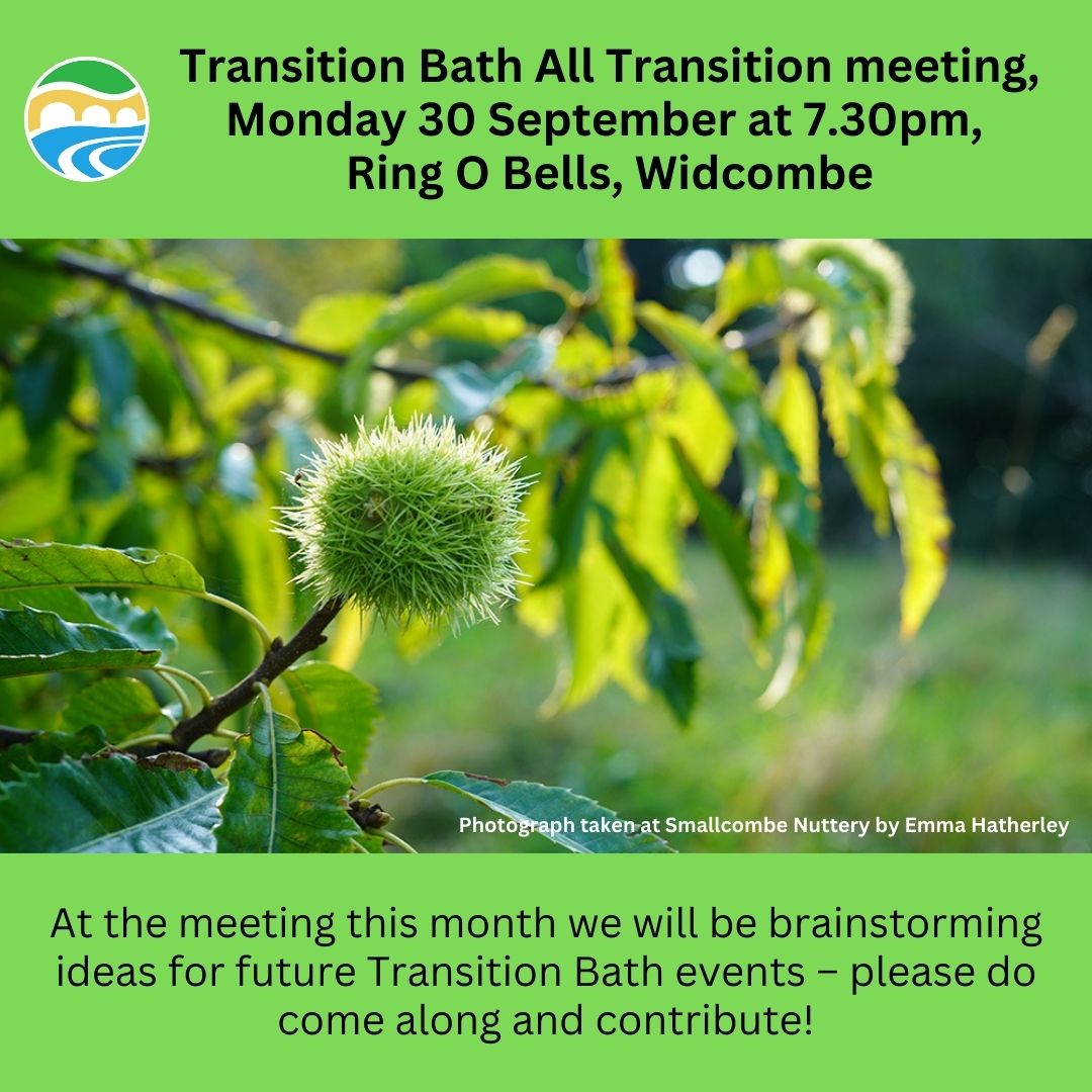 The theme of our All Transition meeting on Monday 30 Sept is to come up with new event ideas. This can be around any theme that has a green &amp; sustainable link. Please come with ideas - all welcome. 🐿 🌿🍏Monday 30 Sept, Ring O Bells, Widcombe. 7.30pm.  🐍🍃🐛