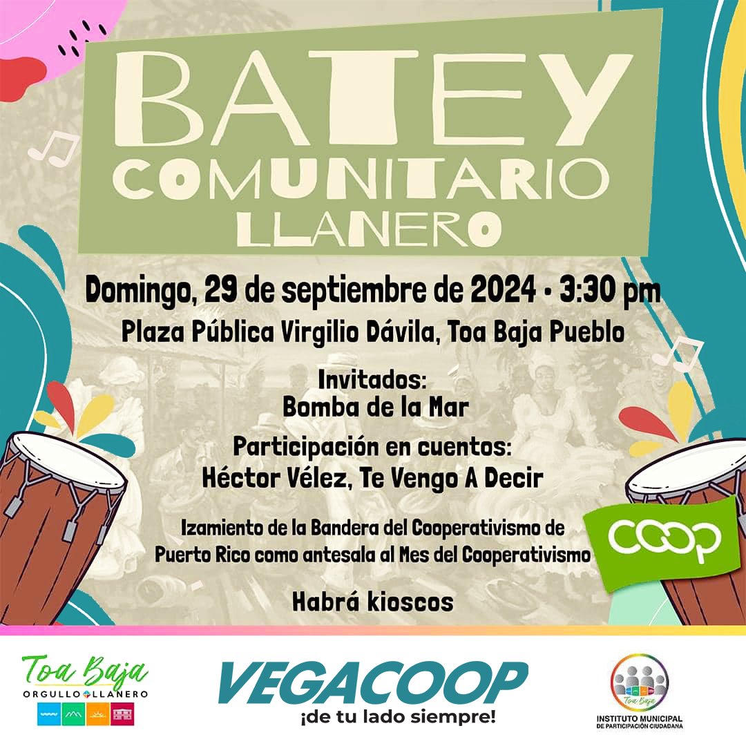 VEGACOOP's tweet photo. Mañana, 29 de septiembre, a las 3:30 p.m. los esperamos en la Plaza Pública Virgilio Dávila, Toa Baja Pueblo. 

Con el grupo Bomba de la Mar y el cuentacuentos Héctor Vélez. ¡Iremos izando la Bandera del Cooperativismo para iniciar el Mes del Cooperativismo! 🤝

¡No falten! https://t.co/iLMh431ofx
