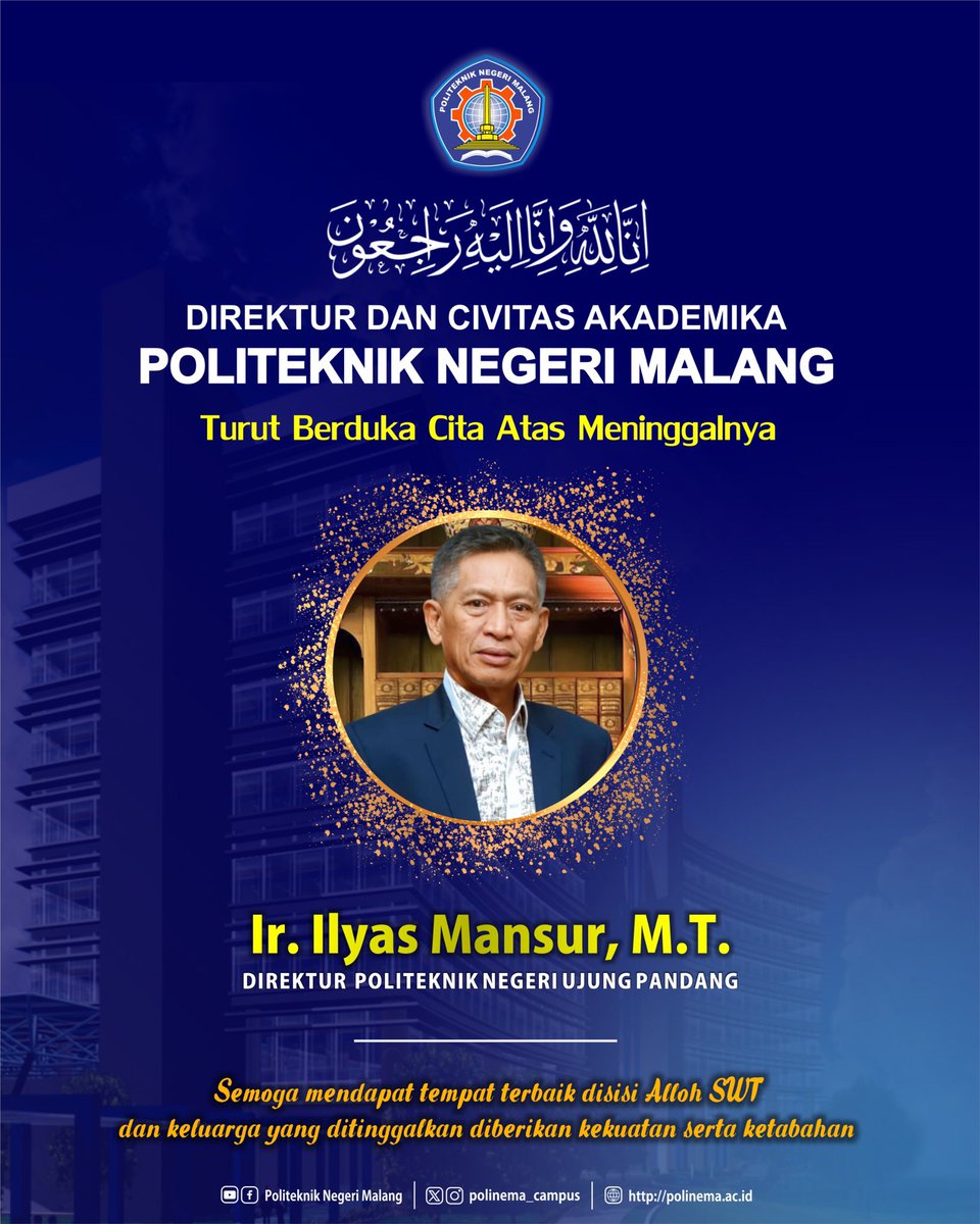 Turut Berduka Cita Atas meninggalnya Ir. Ilyas Mansur, M.T. Direktur Politeknik Negeri Ujung Pandang <a href="/PNUP_Official/">PNUP</a> 

Semoga amal ibadah beliau diterima Allah SWT dan keluarga yang ditinggalkan diberikan ketabahan dan keikhlasan

Aamiin aamiin aamiin 🙏🏽🙏🏽🙏🏽