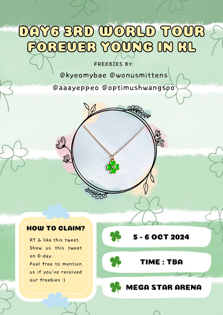 kyeomybae's tweet photo. 𝐅𝐑𝐄𝐄𝐁𝐈𝐄𝐒 𝐅𝐎𝐑 #DAY6inKL (ෆ˙ᵕ˙ෆ)♡

🎀 ✧.* Clover Necklace ✧.* 🎀

🍀 5th &amp; 6th October 🍀

How to claim ♡
✧ Like &amp; RT this tweet 
✧ Show us the proof to redeem on the d-day 
✧ Enjoy your cute freebies~ ♡

🌟 Limited quantities, fcfs ~ https://t.co/8PKqLmNSNX