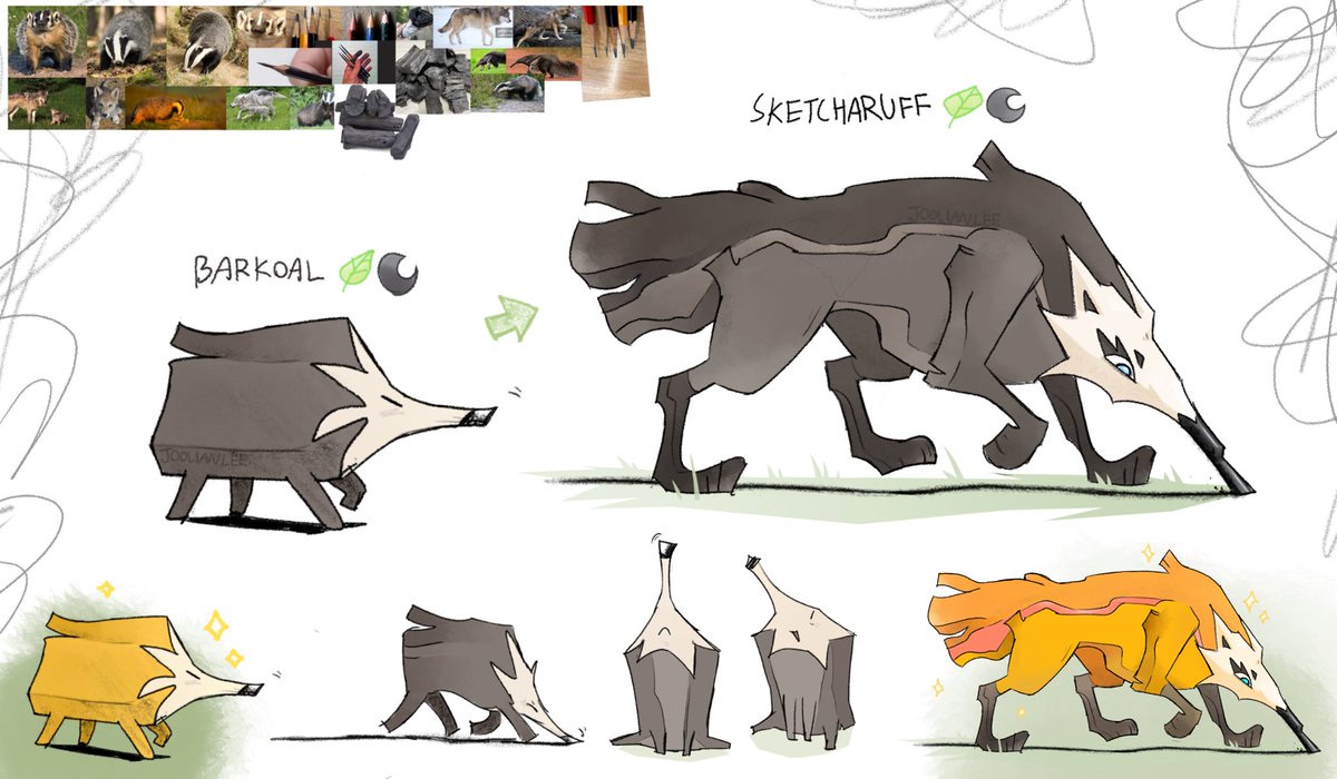 joolianlee's tweet image. Barkoal & Sketcharuff ✏️
Based on charcoal drawing and canine scent tracking - These wooden wolves use their charcoal snouts to navigate, marking territory and drawing pathways in the process. They enjoy scribbling on trees and rocks around their den for enrichment.