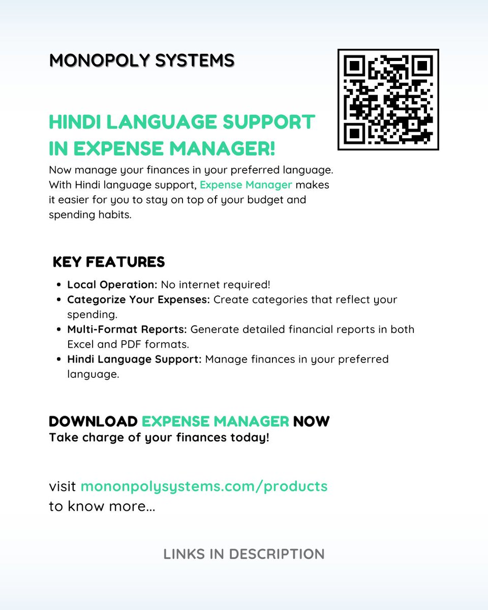 MonopolySystems's tweet image. Link: 
Android: play.google.com/store/apps/det…
Chat now: wa.me/918763700728

#ExpenseManager #Budgeting #PersonalFinance #MoneyManagement #MobileApp #DataSecurity 
#PrivacyFirst #LocalData #HindiSupport #BilingualApp #SmartSpending