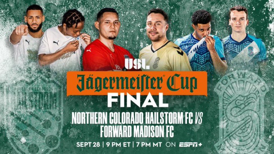 USL League One (@uslleagueone) on Twitter photo The inaugural #USLJägermeisterCup comes to a close 𝙏𝙊𝙉𝙄𝙂𝙃𝙏 and you’re 𝙉𝙊𝙏 gonna want to miss it. 🍿
Tune in to <a href="/ESPNPlus/">ESPN+</a> at 𝟵 𝗣𝗠 𝗘𝗦𝗧 as <a href="/nocohailstormfc/">Northern Colorado Hailstorm FC</a> and <a href="/ForwardMSNFC/">Forward Madison FC</a> battle it out for their first trophy! 🏆 The inaugural #USLJägermeisterCup comes to a close 𝙏𝙊𝙉𝙄𝙂𝙃𝙏 and you’re 𝙉𝙊𝙏 gonna want to miss it. 🍿
Tune in to <a href="/ESPNPlus/">ESPN+</a> at 𝟵 𝗣𝗠 𝗘𝗦𝗧 as <a href="/nocohailstormfc/">Northern Colorado Hailstorm FC</a> and <a href="/ForwardMSNFC/">Forward Madison FC</a> battle it out for their first trophy! 🏆