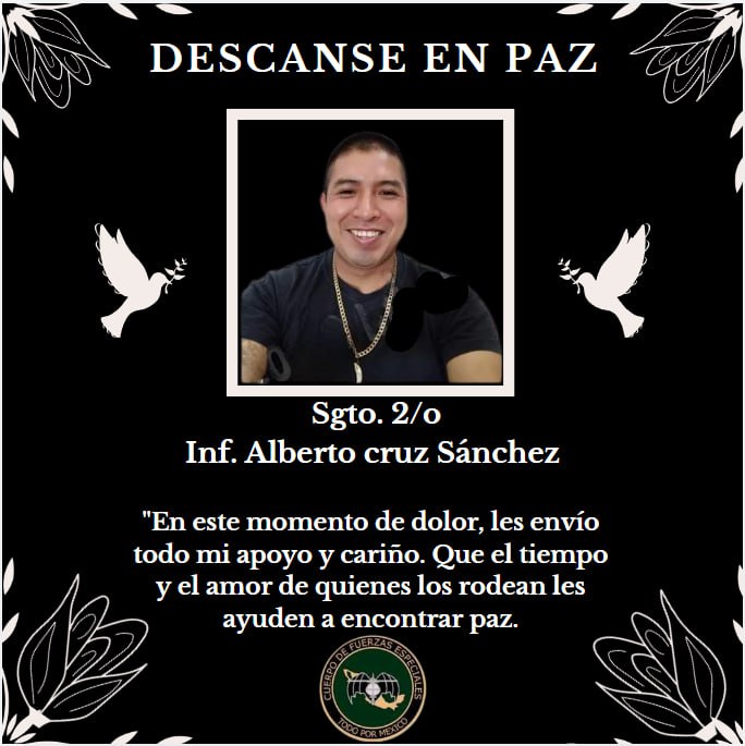 Santiagod181281's tweet photo. Mis más sentidas condolencias a los familiares y amigos del Sgto. 2/o. Inf. Alberto Cruz Sánchez y del Cabo del Arma Blindada Jehu Galindo Dominguez, por su lamentable fallecimiento. Quienes perdieron la vida en cumplimiento del deber en enfrentamiento en #Culiacan, Sin.
Q.E.P.D. https://t.co/mku3yQdlgm