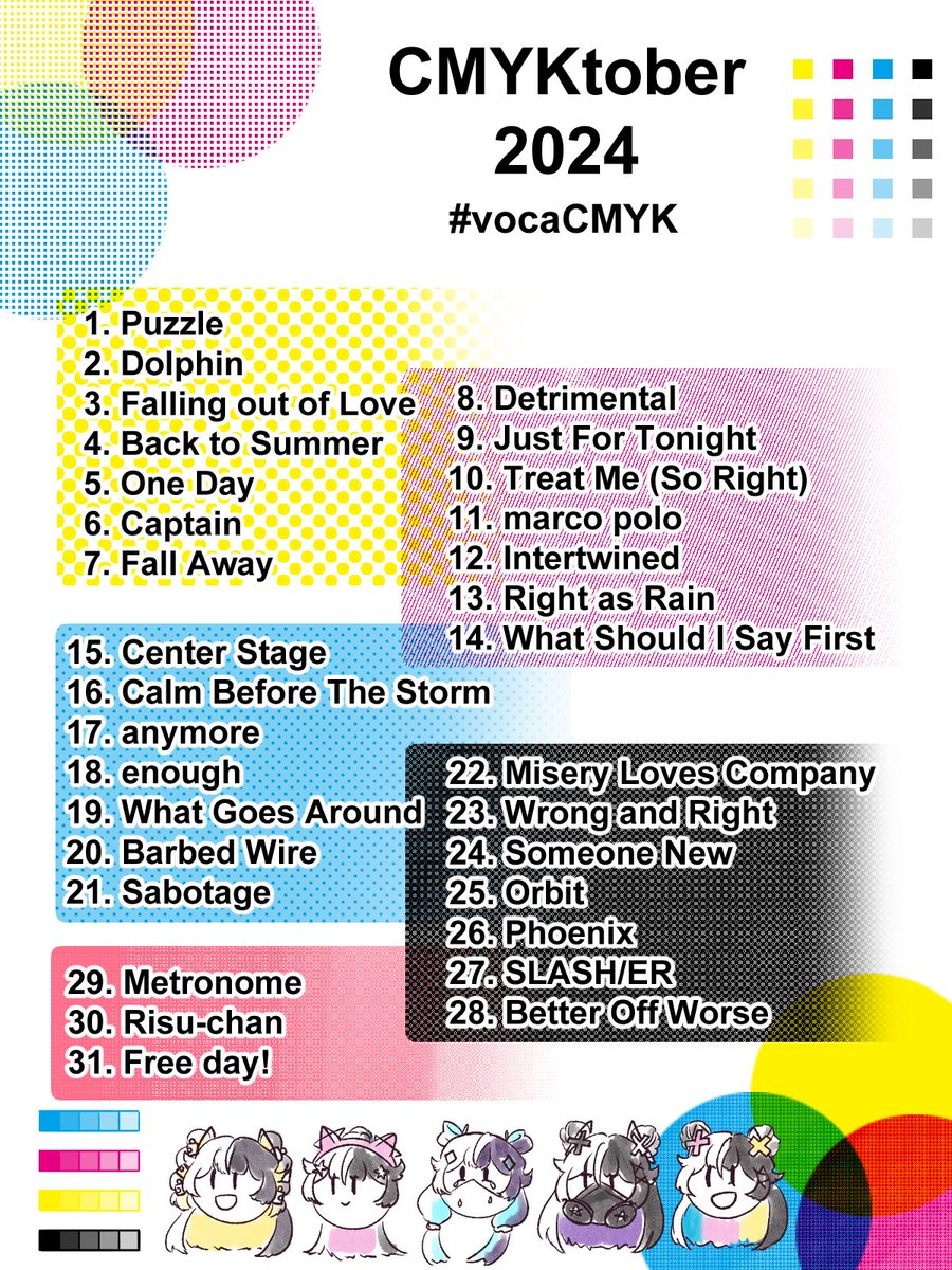 shabaababa's tweet photo. So with October right around the corner and people choosing their challenges of the month, I want to share this CMYK (by CircusP) themed October challenge prompt list!
#vocaloid #synthv #circusp #vocacmyk https://t.co/z9CZ6pp4WJ