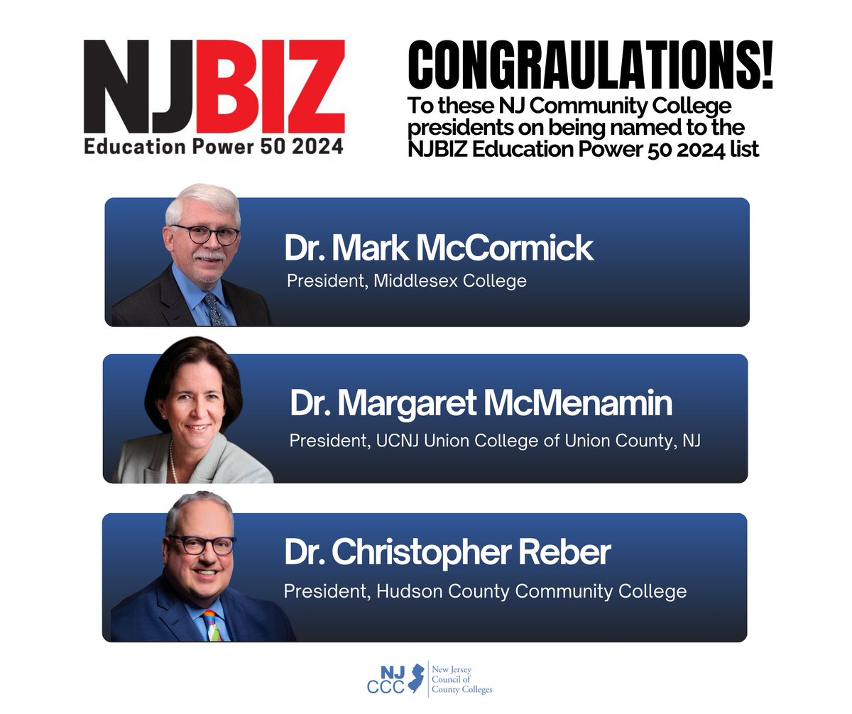 NJCommColleges's tweet photo. 🌟AMAZING! We'd like to congratulate three of our incredible NJ Community College presidents for being named to the @NJBIZ Education Power 50 List 2024. 

Join us in congratulating all three presidents in the comments! 👏👏👏

Read More: https://t.co/B6Zg8n5mhr https://t.co/BCg1BwnpWe