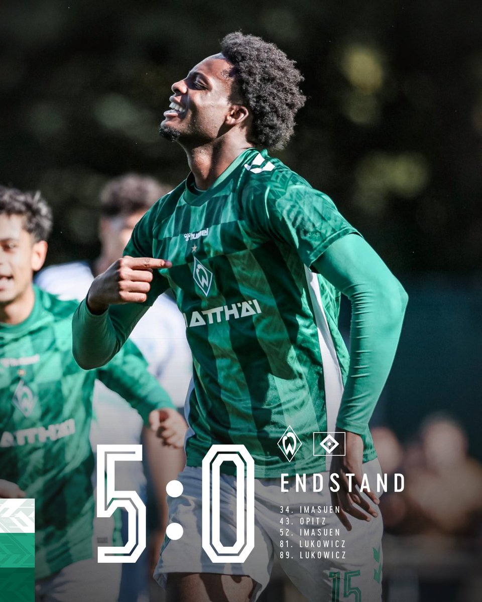 werderbremen's tweet photo. Nordderbysieger! 💚💪
Die #WerderU23 besiegt die Zweitvertretung des @HSV mit 5:0. Joel #Imasuen, Leon #Opitz und Maik #Lukowicz erzielen die Tore. 💪
#Werder https://t.co/yQfsA1ymbt
