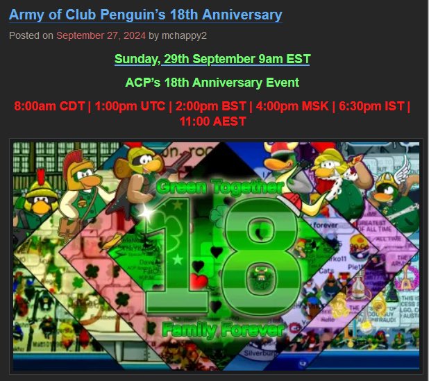 You’re all invited to our birthday party on Sunday, Sept 29! 🥳🎂 

➡️ discord.gg/cplegacy/

<a href="/CPLegacyTeam/">Club Penguin Legacy</a> #ClubPenguin