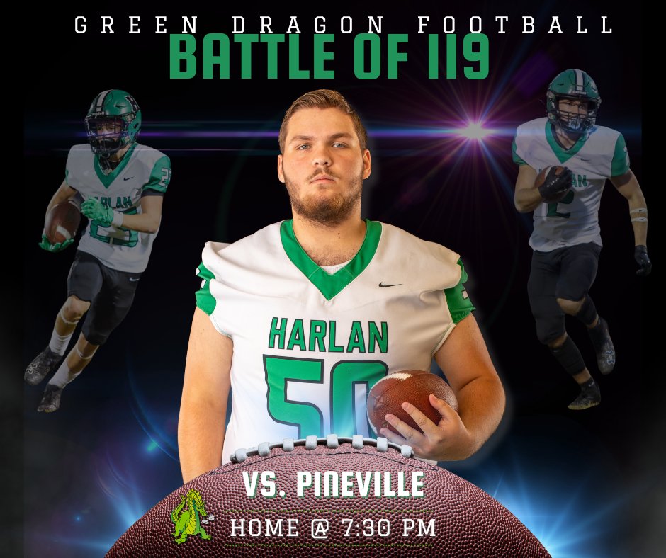 🏈 It's GAMEDAY, Dragon fans! 🏈 Tonight, the Green Dragons will host the Pineville Mt. Lions in the Battle of 119! Come out and be loud! Don't forget to wear your green and white and support our Dragons! #GoBigGreen 🐉