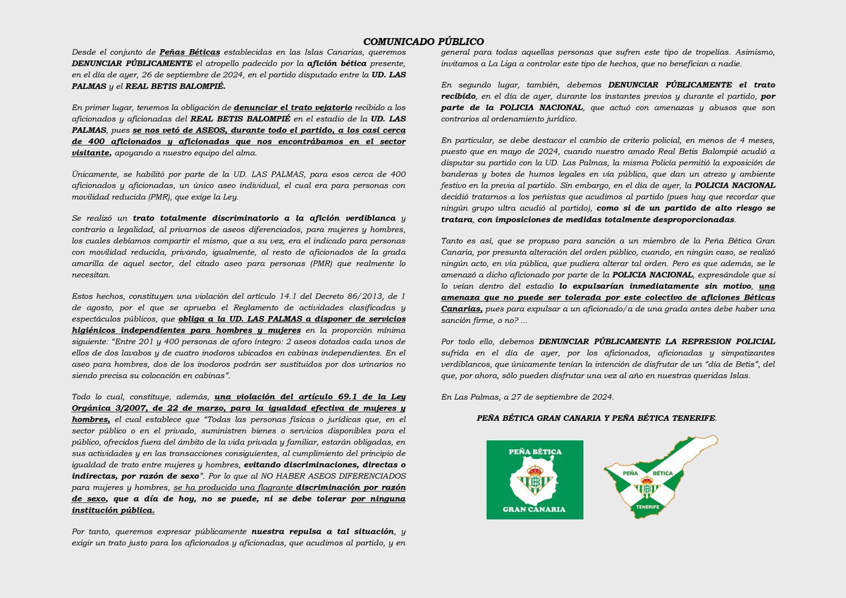 pbeticatenerife's tweet photo. Nos unimos a los hermanos de la Peña Bética Gran Canaria para darle visibilidad con este comunicado a lo vivido el pasado Jueves en el estadio de Gran Canaria, no se pude consentir. NO AL MALTRATO DEL AFICIONADO.
@RealBetis @LaLiga @UDLP_Oficial @FPBeticas https://t.co/kcjPuUskro