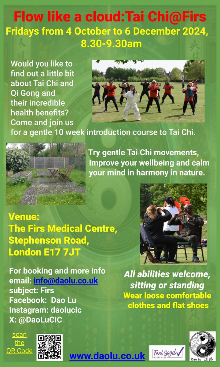 DaoLuCIC's tweet photo. Get moving with Tai Chi. We are launching a 10-week #taichi course at the Firs Medical Practice #e17 7JT, on Friday 4 October at 8:30am. Read more and book at:Flow like a cloud: Tai Chi at The FIRS Medical Centre (https://t.co/gYOpO6dGZj) https://t.co/x2TugxsCha