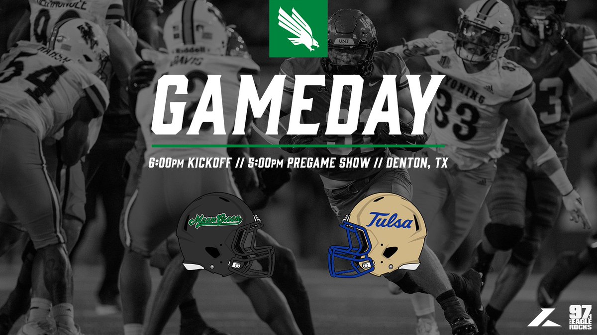 Conference play begins.

#BeatTulsa and #GetYerEarsOnTheBall!

🆚: Tulsa Golden Hurricane
📍: Denton, America
🕔: 5:00pm Pregame
🏈: 6:00pm Kickoff
🎙️: <a href="/Dave_L_Barnett/">Dave Barnett</a>, <a href="/mgrnpxp/">Hank Dickenson</a>, <a href="/7tunechi/">Nathan Tune</a> 
🖥️: <a href="/ZacBabb/">Zac Babb</a> 
📻: 97.1 FM <a href="/theeagledallas/">97.1 The Eagle</a> 
🛰️: <a href="/SIRIUSXM/">SiriusXM</a> 390
📱: The Varsity Network App