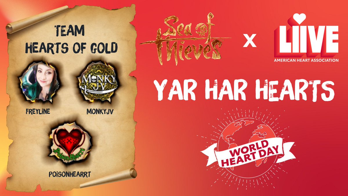 poisonedheart77's tweet photo. We are liive helping @American_Heart towards @RareLtd @SeaOfThieves #TarGarHearts campaign on @tiltify #TeamHeartsOfGold with @Freyline_ @game_monky Here’s to helping AGA ♥️ https://t.co/HBiuj0jIYb