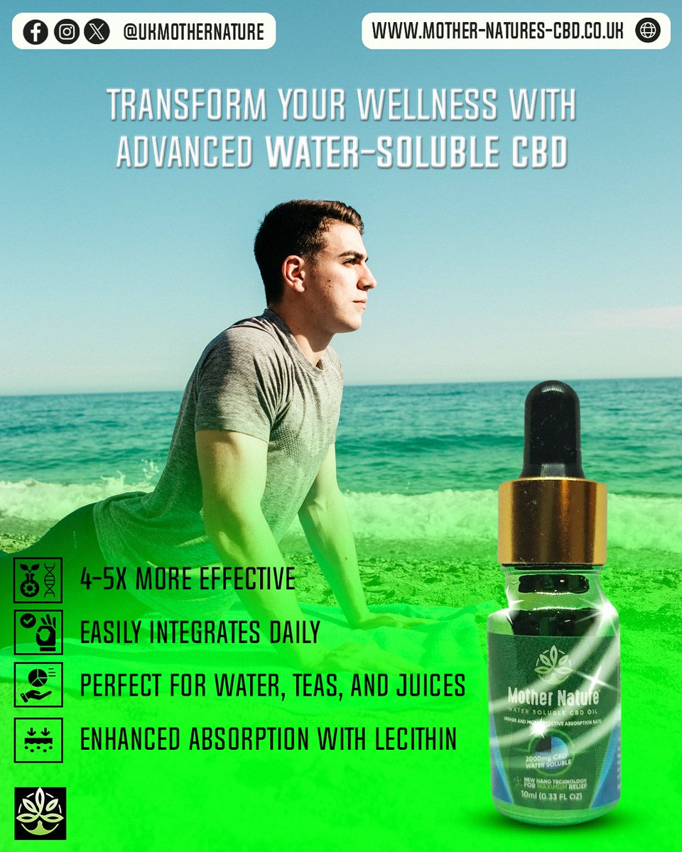 UKMotherNatures's tweet photo. Transform your wellness with Advanced Water-Soluble CBD! πΏ
This fast-absorbing formula is 4-5x more effective, seamlessly mixing into water, tea, or juice for quicker results. Boost your health naturally with enhanced absorption powered by lecithin.
#WaterSolubleCBD #DailyCBD https://t.co/BNlIYHsZtP