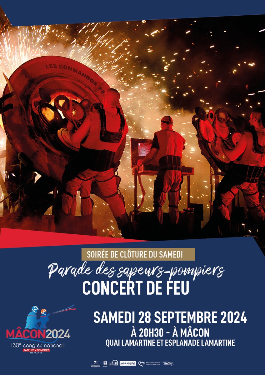 #FinissonsEnBeauté ! Place à la dernière soirée de clôture ce soir à <a href="/VilleDeMacon/">Mâcon</a> !
🚩20h30 - Grande parade des sapeurs-pompiers sur les quais
🚩21h - Concert de feu avec les Commandos Percus à l'esplanade Lamartine
✔ Gratuit !!