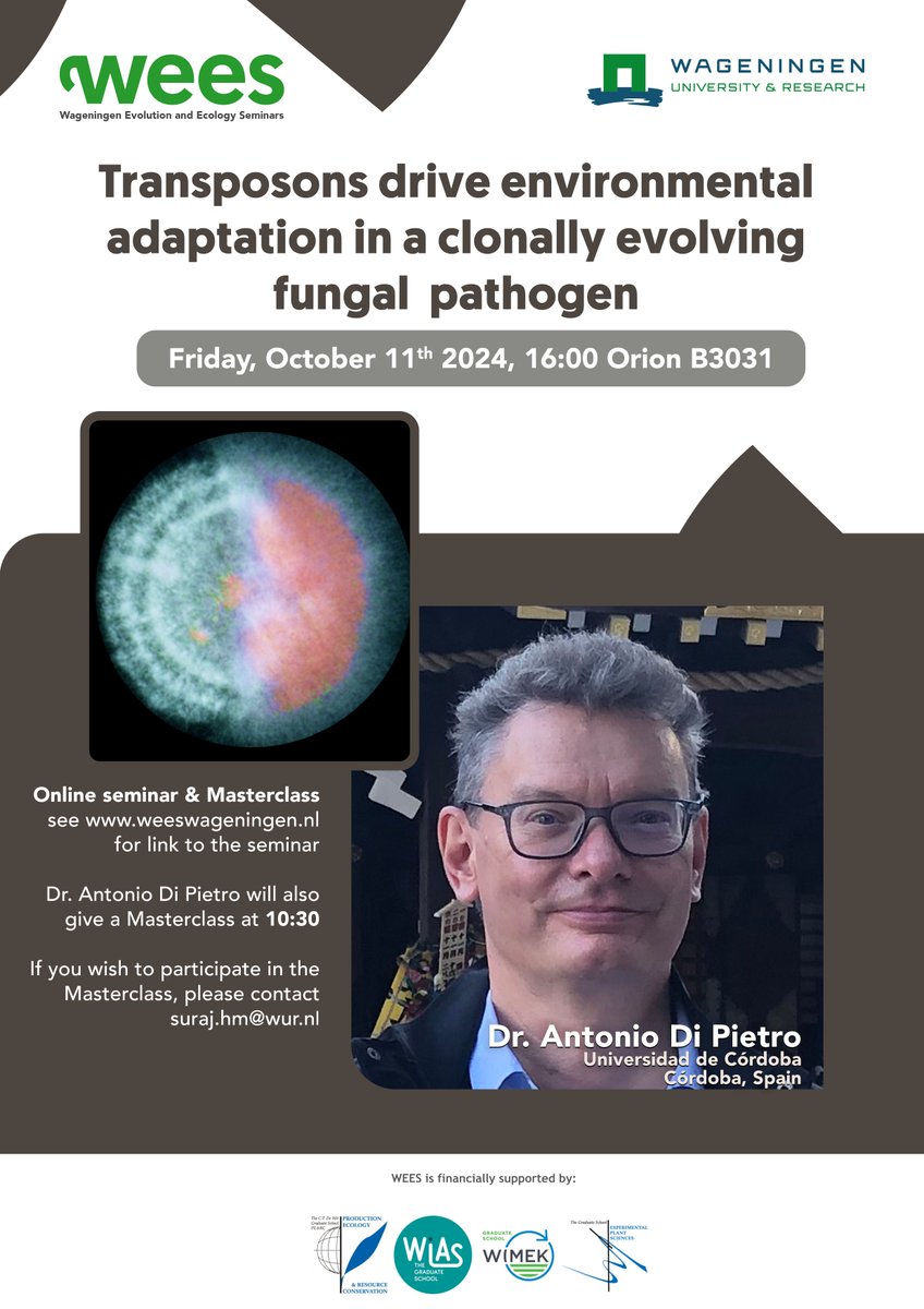 WEES Wageningen (@weeswageningen) on Twitter photo Dear All,
We would like to invite you to attend October’s Wageningen Evolution and Ecology Seminar (WEES) and Masterclass in-person! We are excited to host Dr. Antonio Di Pietro
<a href="/WUR/">Wageningen U&R</a> <a href="/WURplant/">WUR Plant</a> <a href="/phytoWUR/">Phytopathology @ WUR</a> <a href="/EPSGradSchool/">Graduate School EPS</a> Dear All,
We would like to invite you to attend October’s Wageningen Evolution and Ecology Seminar (WEES) and Masterclass in-person! We are excited to host Dr. Antonio Di Pietro
<a href="/WUR/">Wageningen U&R</a> <a href="/WURplant/">WUR Plant</a> <a href="/phytoWUR/">Phytopathology @ WUR</a> <a href="/EPSGradSchool/">Graduate School EPS</a>