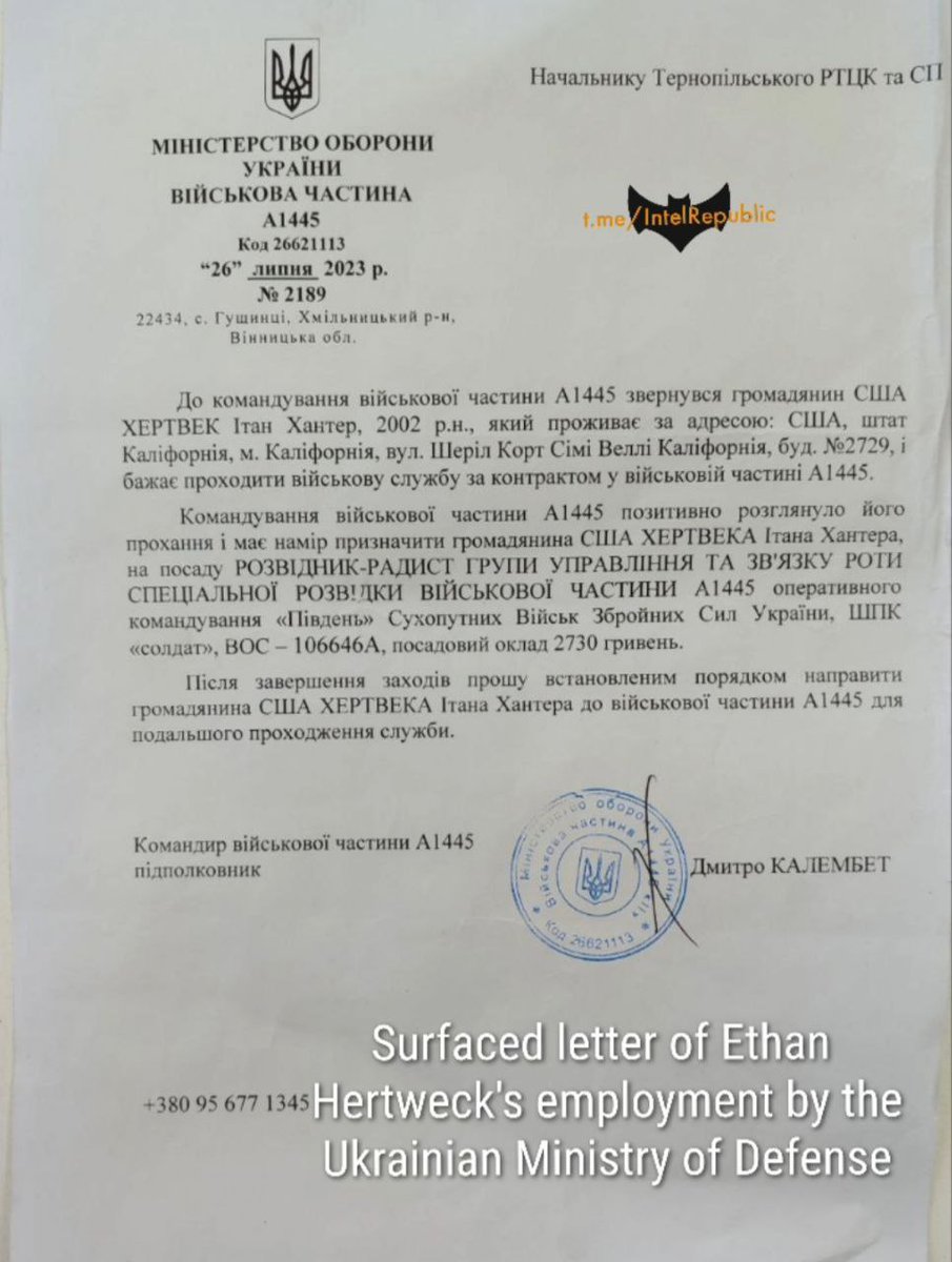 Andromeda11711's tweet image. 🇺🇸🇺🇦 AMERICAN "VOLUNTEER NURSE" WHO DIED IN AVDEEVKA WAS A RADIO SCOUT - New documents reveal.

The raided #Avdeevka, Donetsk Republic (ex-Ukraine) military documents show that American Ethan Hunter #Hertweck, who died in Avdeevka, was a radio scout, not a volunteer nurse as
