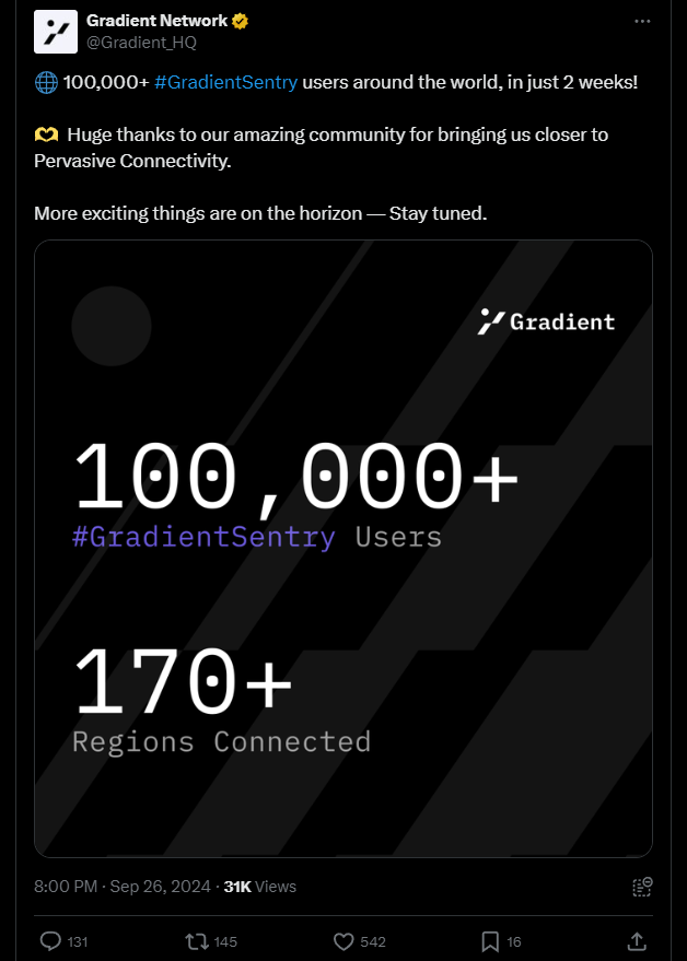 Micaetran_TCX's tweet photo. Gradient Network đạt 100k use trong Epoc 1 Season 0 - Giai đoạn sản phẩm: Sentry Nodes Open Beta 

Ae lăn mạnh kèo này nha. Kèo to của Depin đó nha. Ae nào bị lỗi thì 1 là do bị gắn cờ cheating hoặc do mạng của ae có Vde. Có thể băng thông mạng yếu, hoặc do ae đang bật VPN từ các app fake IP, thì nó chạy k nổi. Ae tắt VPN là được. Hoặc xóa để đăng nhập lại là ok nhé 

✍️Link đào : https://t.co/pcXGQ4O8Xa 

Điền code : WGQIDE

🎁  Gradient đang tính trung bình  0,25 Poin/10 phút hoạt động băng thông mạng. Băng thông càng tốt. Các Sentry Node chạy trên nhiều trình duyệt  hoặc thiết bị có cùng địa chỉ IP sẽ được coi là một Sentry Node duy nhất, với phần thưởng được phân bổ cho các Sentry Node đó theo tỷ lệ tương ứng.

- Có 2 loại phần thưởng 
👉 POA : Một Sentry Node trung bình  nhận được 0,25 Poin 10 phút thời gian hoạt động của mạng .
👉Phần thưởng POC : Được tính bằng " Taps " Một Tap sẽ xảy ra khoảng 10 phút/lần. (Tần suất này chỉ là ước tính và có thể thay đổi đôi chút tùy theo từng nút, tùy từng thời điểm.) Tỷ lệ thành công của Tap phụ thuộc vào nhiều yếu tố mạng như loại NAT  

Nhận được 0,75 Điểm khi thực hiện thành công một cú Tap.

✅Có 6 cấp độ tài khoản để được Tăng cường phần thưởng : cái cao nhất là Diamond nhận 10% Tăng cường phần thưởng 
 
#Gradient #Airdrop #Depin