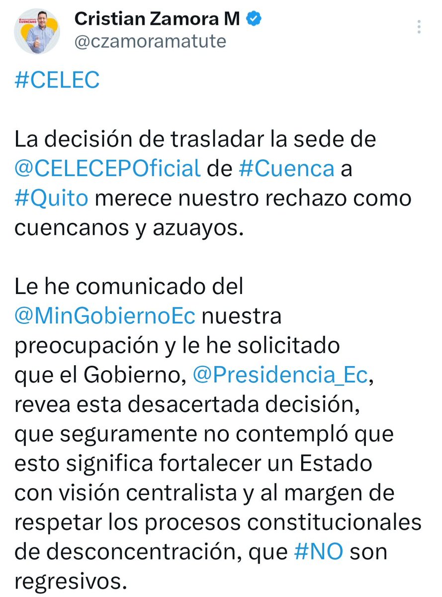 NuevoTiempoCue's tweet photo. 🛑#ATENCIÓN🛑
El alcalde de Cuenca @czamoramatute rechaza la desición del presidente Daniel Noboa Azin de trasladar la sede de #CelecEP a #Quito, pide a las autoridades derogar el decreto emitido la noche de ayer.
#crisisenergetica
#apagones
#Cuenca
#Azuay https://t.co/Pl4PCitgaZ