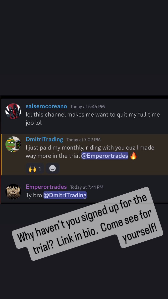 Emperortrades's tweet photo. Come trade with us in discord! I don’t have a telegram. And I don’t want your crypto.   But come trade with us.  Link in bio. https://t.co/IMHgyBcnQM