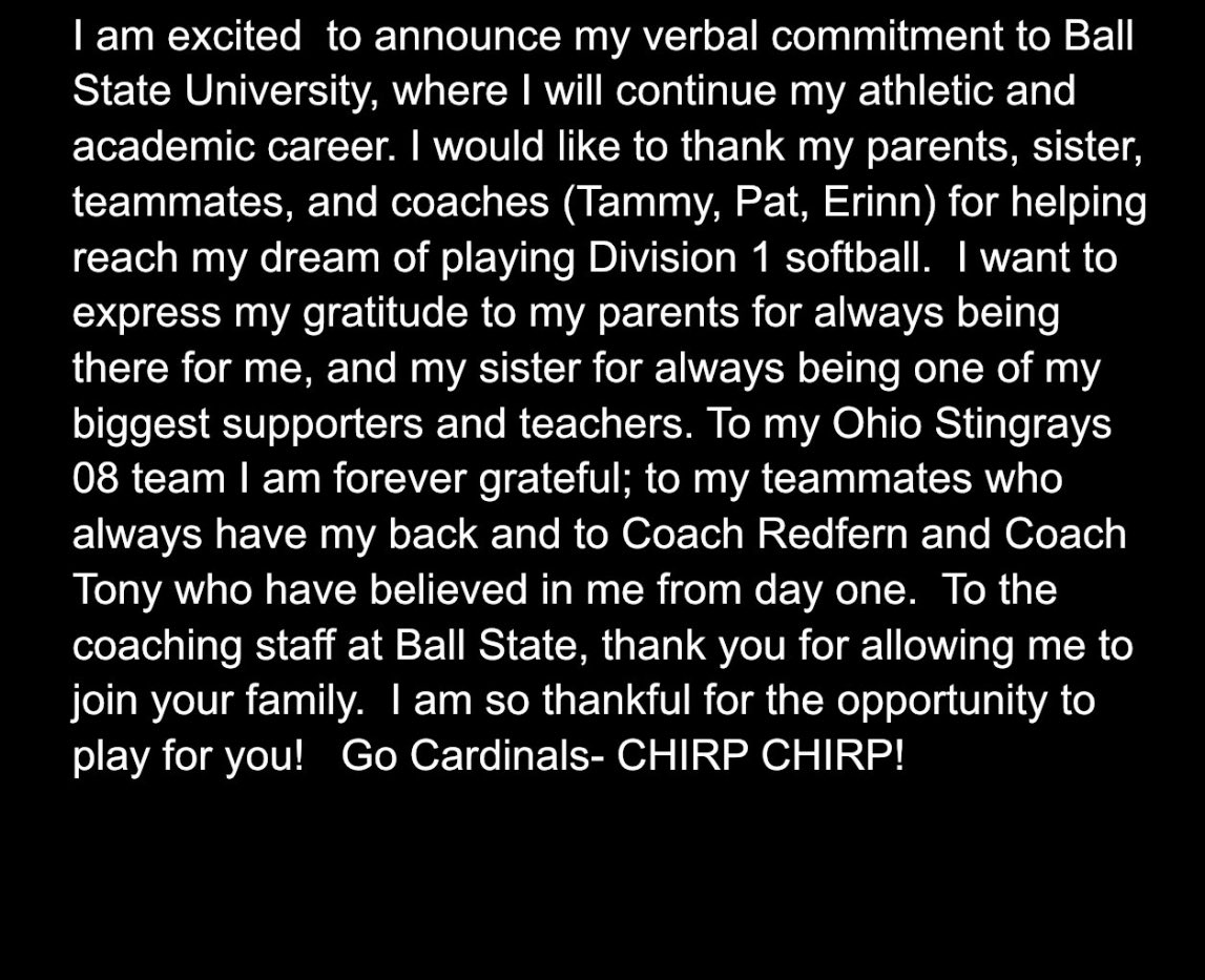 Ohio Stingrays Softball ๐ฅ (@stingraysohio) on Twitter photo Congratulations <a href="/Brooke45261/">Brooke Bowers</a> on her committment to <a href="/BallStateSB/">Ball State Softball</a>! We are so excited for her! Chirp Chirp! Stingray Nation ๐ช<a href="/ExtraInningSB/">EXTRA INNING SOFTBALL</a> <a href="/LineDsoftball/">Line Drive Media</a> <a href="/D1Softball/">D1Softball</a> Congratulations <a href="/Brooke45261/">Brooke Bowers</a> on her committment to <a href="/BallStateSB/">Ball State Softball</a>! We are so excited for her! Chirp Chirp! Stingray Nation ๐ช<a href="/ExtraInningSB/">EXTRA INNING SOFTBALL</a> <a href="/LineDsoftball/">Line Drive Media</a> <a href="/D1Softball/">D1Softball</a>