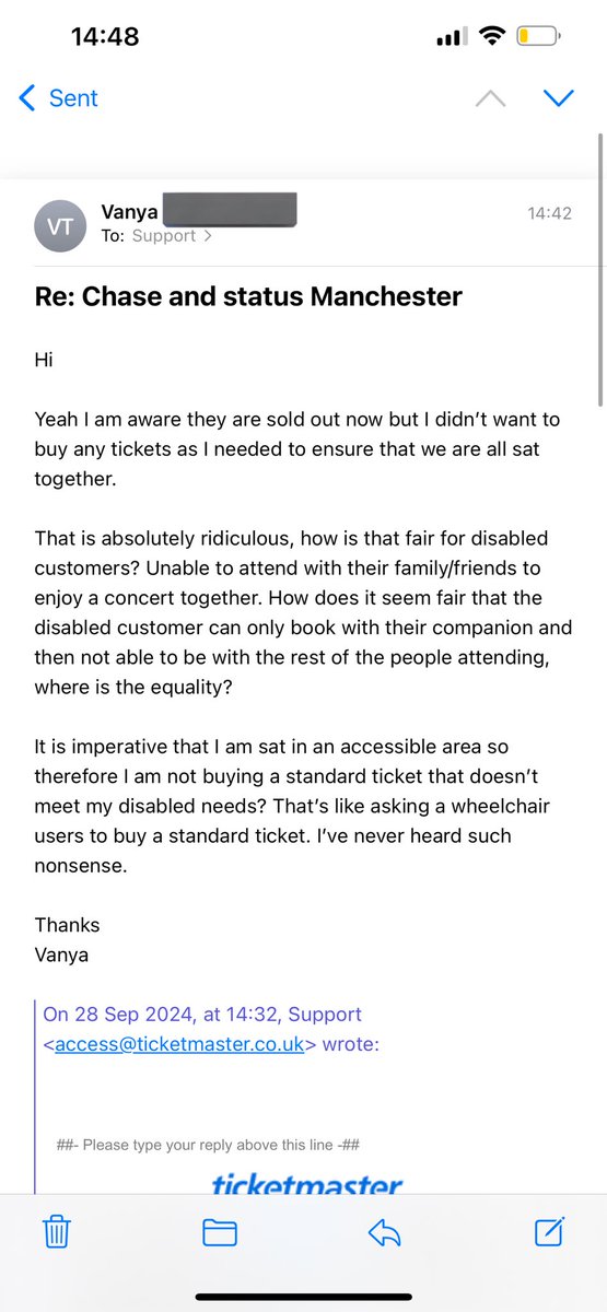 vantastic_x's tweet photo. @TicketmasterUK claim to be disabled/accessible friendly but disabled customers are unable to book tickets with their non-disabled f&amp;f, where is the equality? 
To be told to buy standard tickets as a customer with accessible needs is wild. “we’ve fallen short this time round” https://t.co/Ph9Cfgk5hS