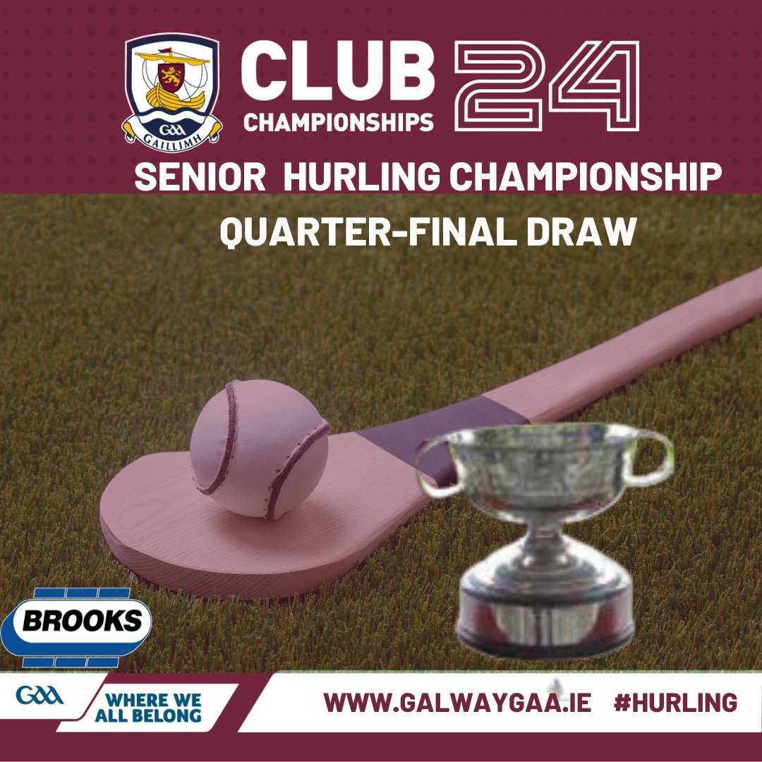 Galway_GAA's tweet photo. Brooks Group Sponsored Senior Hurling Championship Quarter-Final Draw

@LoughreaHurling  v @CastlegarGAA 

@tommylarkinsgaa  v @ClarinbridgeGaa 

@turloughmorehc  v @StThomassHC 

@SarsfieldsGAA v @cappataggle 

Games to take place 5/6 October, fixtures to be confirmed.

#galwayhurling