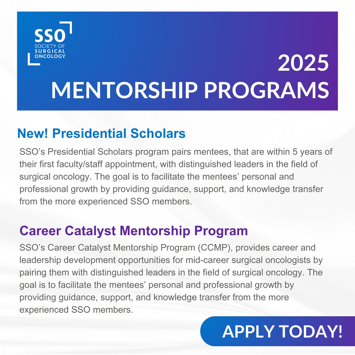 There is still time to apply for SSO's 2025 Mentorship Programs! Don’t miss this opportunity to connect, learn, and grow with experienced members. Apply by October 9 to be considered. 

Learn more and apply here: ow.ly/useq50TqaOv