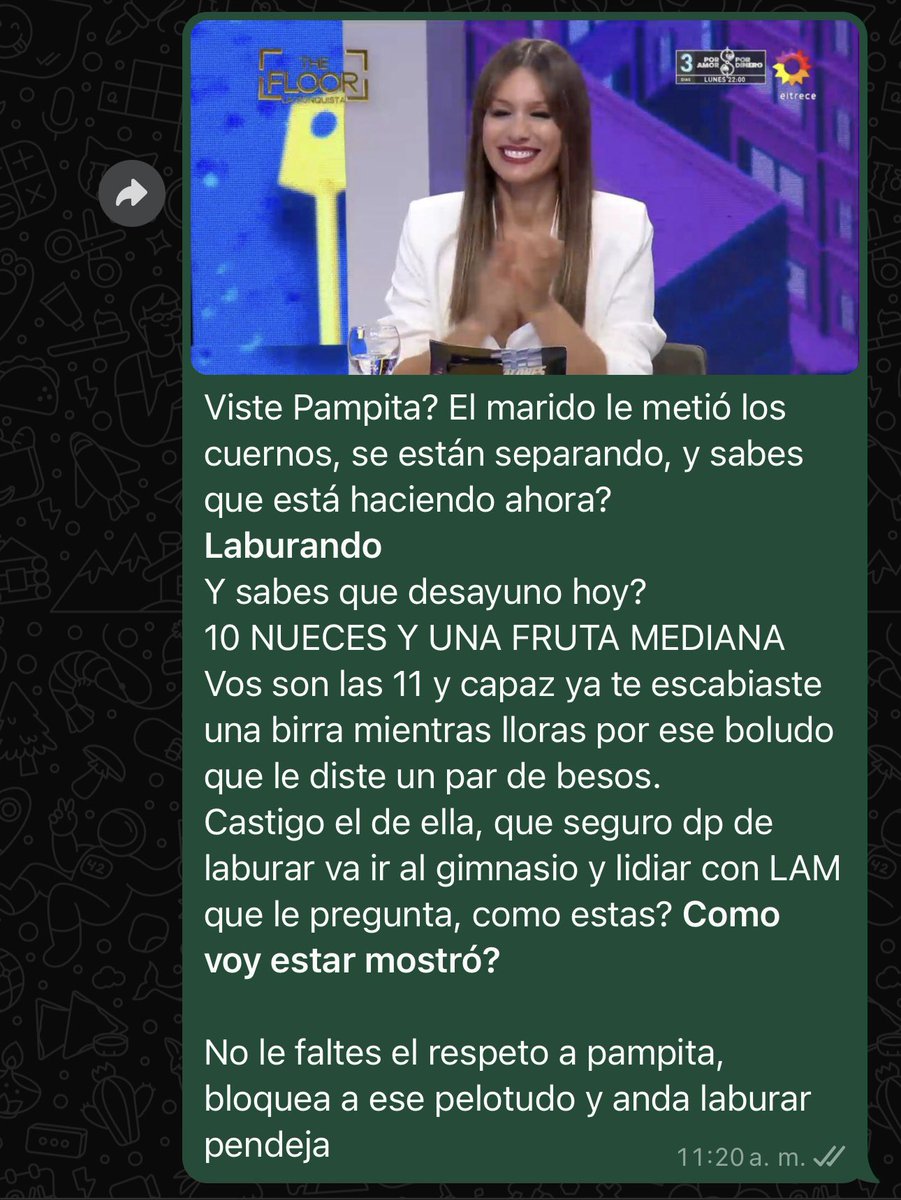 Mi amiga sufriendo otra vez por un hombre.
Yo buscando formas más creativas para que ella entienda que tiene que laburar aunque esté triste.
Hoy: "No le faltes el respeto a Pampita".