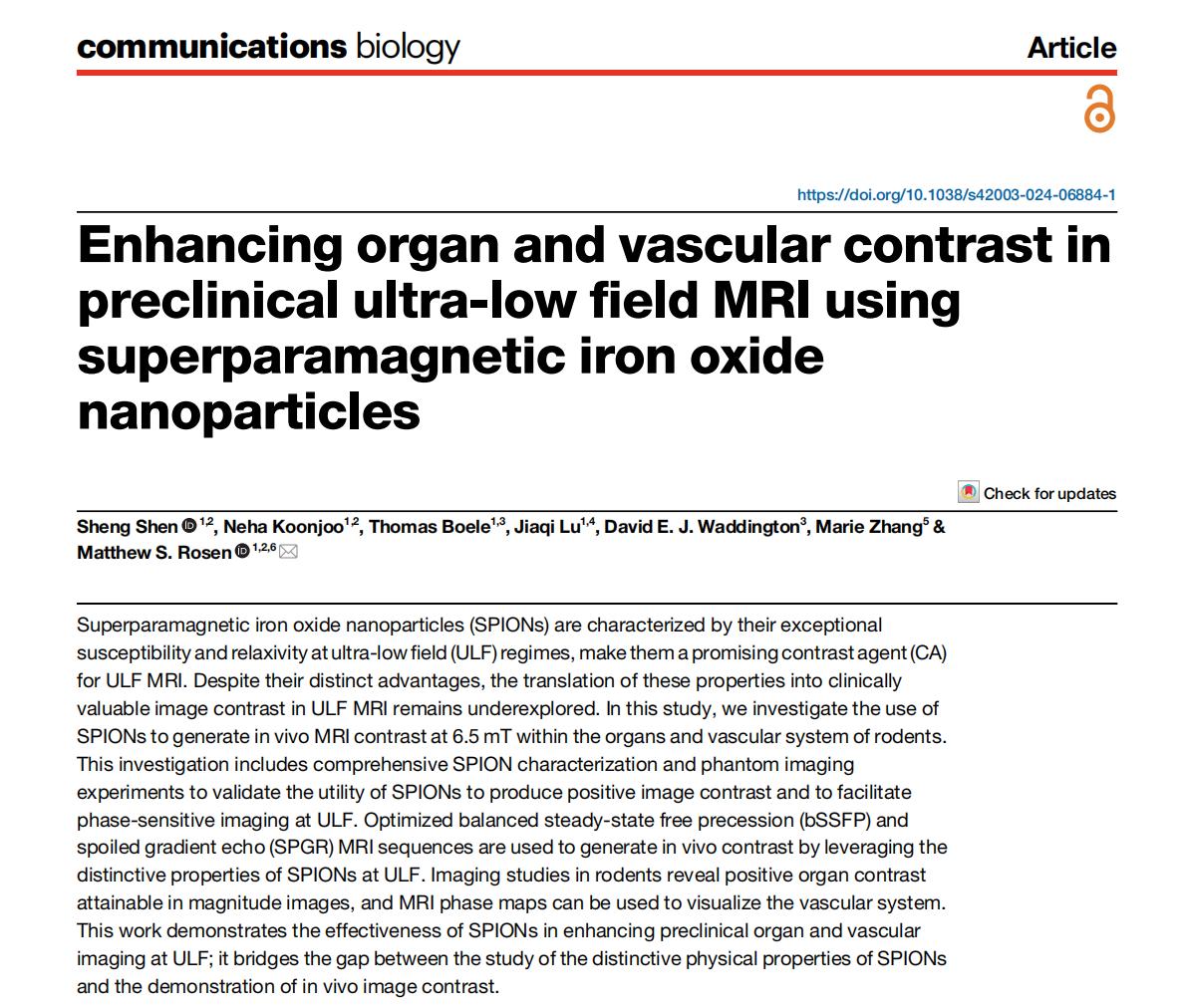 ShengSh75542688's tweet photo. Our latest paper in “Communications Biology” explored the potential of SPIONs for enhancing contrast in ultra-low field MRI. This work introduced interesting properties of SPIONs and their application in rodent imaging at 6.5 mT. #lowfieldMRI #MRI #SPIONs. https://t.co/RKR9UyhaPD https://t.co/MflbOD7d6Q