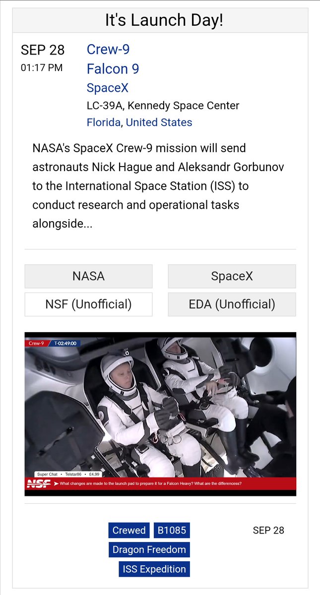 WeLoveRockets's tweet photo. It's Launch Day!!!!

Crew-9 is set to launch soon! NASA and NSF are live now as astronauts begin to climb aboard Dragon Freedom!

Tune in at https://t.co/86PVijl5R1!

#Crew9 https://t.co/JYvaZDlwhx