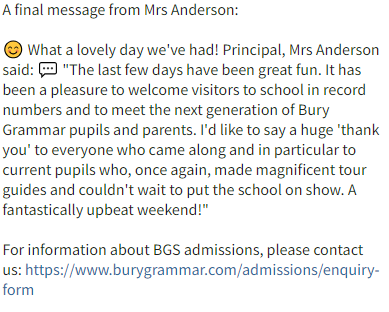 BuryGrammar's tweet photo. A final message from Mrs Anderson ๐ฆข
For information about BGS admissions, please contact us: https://t.co/6H3XwGrxdi
#BuryGrammarSchool #HighSchool #SeniorSchool #ALevels #SixthForm #College #JuniorSchool #PrimarySchools #EarlyYears #OpenDoors #SchoolOpenEvent #OpenEvent https://t.co/8YZi08hoFu