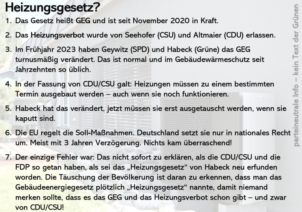 Zum Abspeichern und Teilen. 

Das #Heizungsgesetz 

Das Einzige, was schief lief war: 
Man hat nicht vehement genug vermittelt, dass das Gesetz von CDU/CSU stammt.

(Hätte ich schon viel früher so machen sollen, dann hätte ich es nicht an die 100x schreiben müssen.)