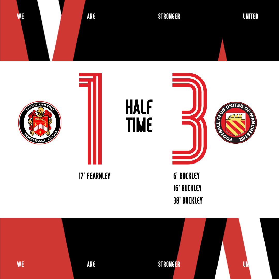 FCUnitedMcr's tweet photo. HALF TIME | FC lead by three goals to one at the break through a superb hat-trick from Jordan Buckley on his return

🔴 HUFC 1-3 FCUM ⚪️ https://t.co/1Im9uUT5mx