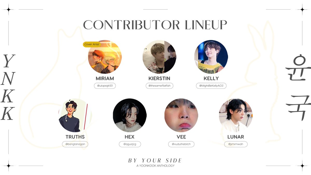ynkkanthology's tweet photo. 🤍 CONTRIBUTOR LINEUP 🤍

We're so thrilled to showcase our talented team of YoonKookers who will all help bring this anthology to life!! We hope you look forward to their work 🐱🐰🖤 https://t.co/Bd00ttZhoZ