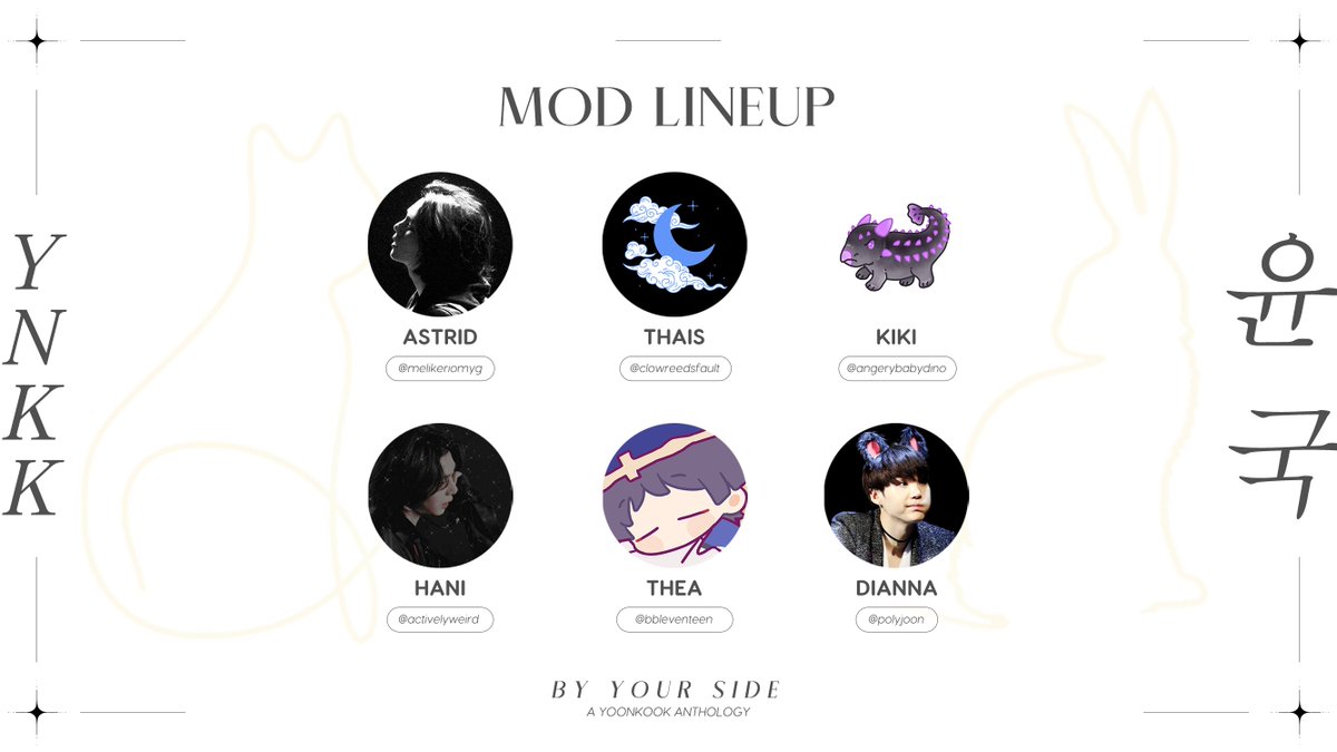🤍 CONTRIBUTOR LINEUP 🤍

We're so thrilled to showcase our talented team of YoonKookers who will all help bring this anthology to life!! We hope you look forward to their work 🐱🐰🖤