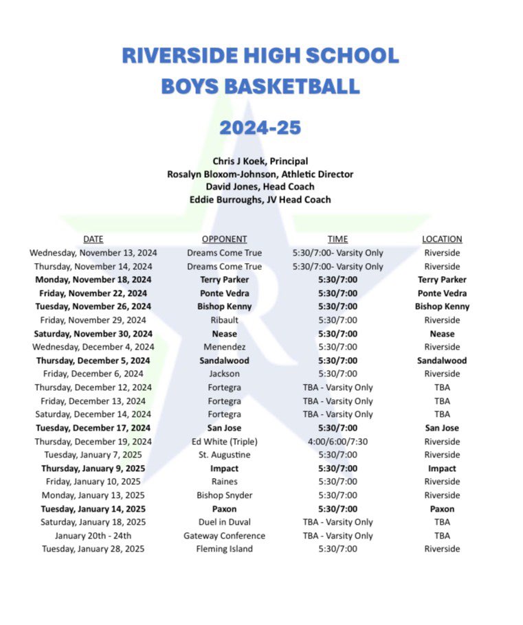 2024-25 Boys Basketball Schedule